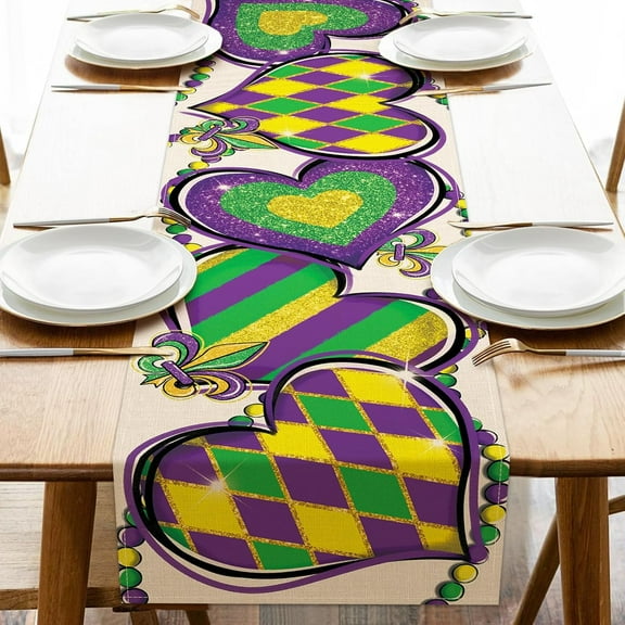 Mardi Gras Love Hearts Table Runner, Glitter Diamond Stripes New Orleans Carnival Kitchen Dining Table Decoration, Fleur De Lis Beads Burlap Indoor Outdoor Home Decor Party Supply 13 x 36 Inches