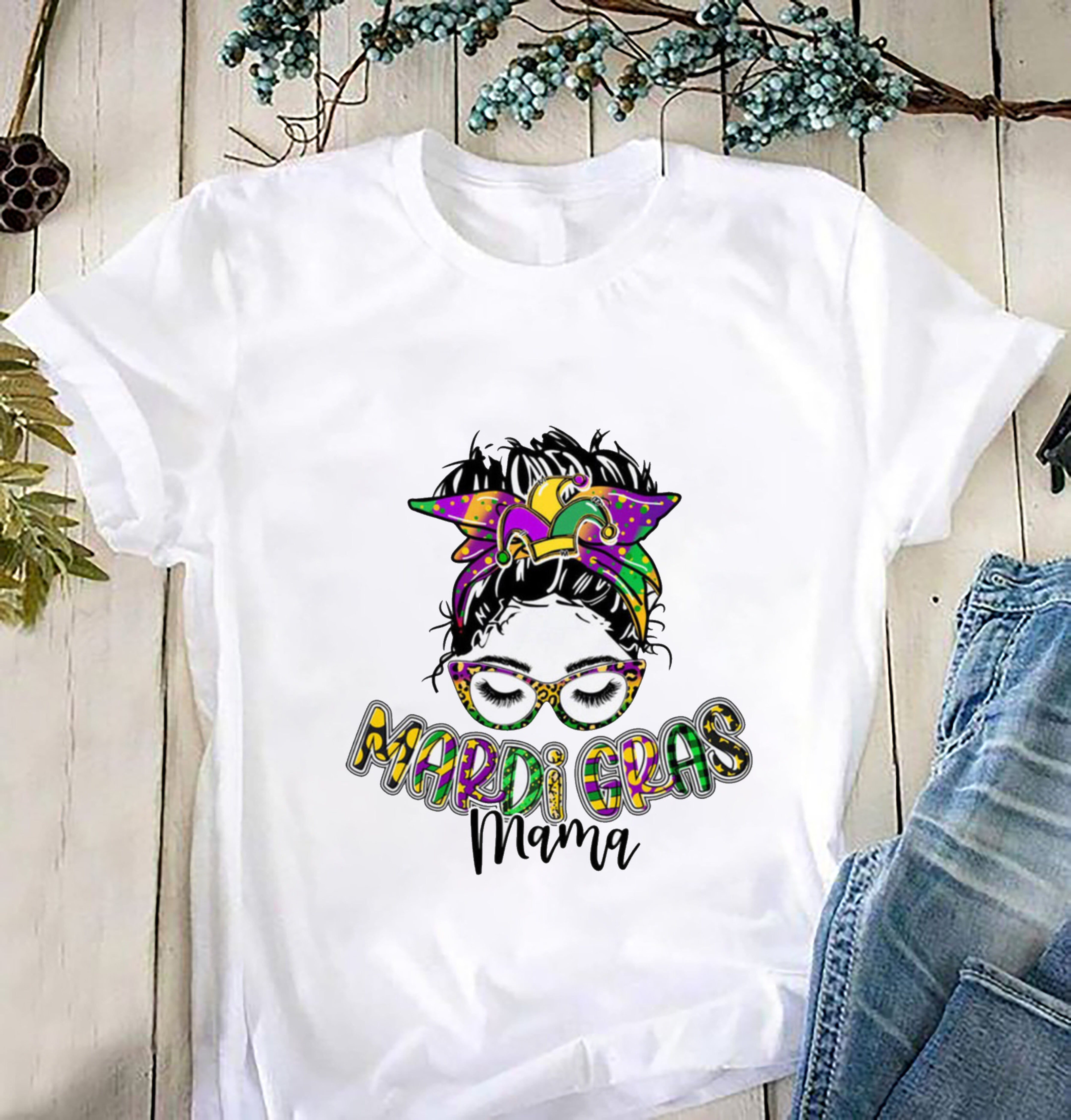 Mardi Gras Mama Funny TShirt, Leopard Messy Bun Shirt, Messy Bun Woman