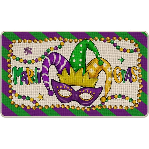 Mardi Gras Mask Beads Decorative Front Door Mat, New Orleans Carnival Doormat Indoor Outdoor Non-Slip Floor Entryway Rug, Purple Green Stripes Masquerade Home Kitchen Decoration 17x30 Inch
