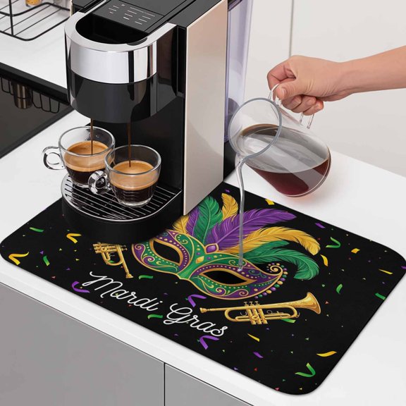 Mardi Gras Mask Dish Drying Mats for Kitchen Counter, Purple Gold Green Carnival Confetti Black Absorbent Coffee Bar Mat with Non-slip Rubber Backed Quick Drying Dish Rack Pad 12"x16"