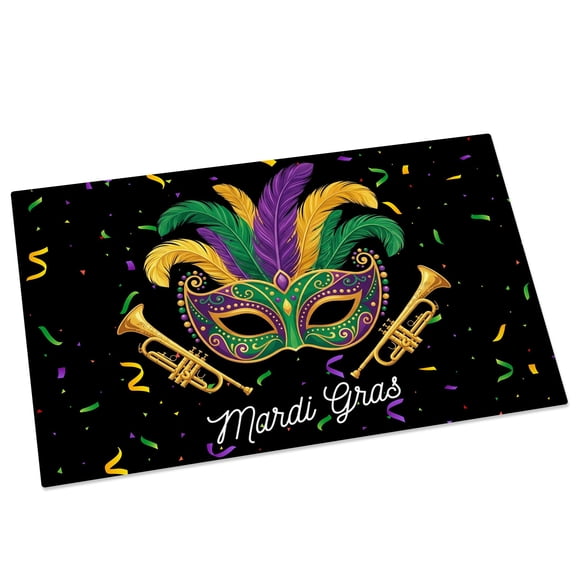 Mardi Gras Mask Door Mat 20x31.5 Inch Purple Gold Green Carnival Confetti Black Entryway Rug with Non-Slip Rubber, Front Door Mat Indoor Floor Mats for Living Room Bathroom Bedroom Home Office