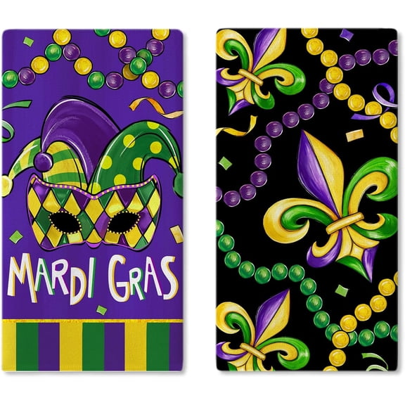 Mardi Gras Mask Fleur De Lis Kitchen Dish Towels Set of 2, Beads New Orleans Carnival Drying Hand Towels Baking Cooking Cloth, Masquerade Home Kitchen Decoration 18 x 26 Inch