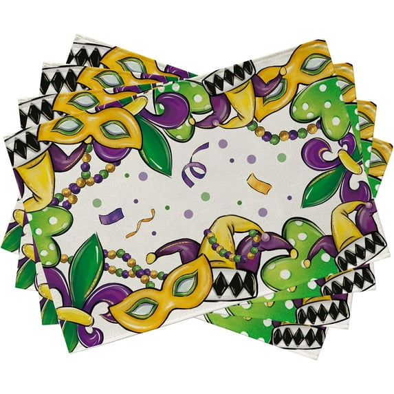 Mardi Gras Mask Fleur De Lis Placemats Set of 4, Love Heart Beads Polka Dot New Orleans Carnival Dining Table Place Mats, Masquerade Holiday Party Kitchen Decor Home Decoration 12 x 18 Inch