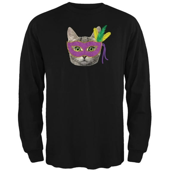 Mardi Gras Mask Funny Cat Black Adult Long Sleeve T-Shirt - Medium