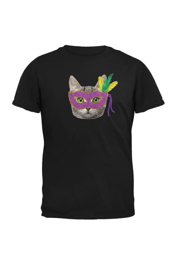 Mardi Gras Mask Funny Cat Black Youth T-Shirt - Medium(10/12)