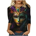 Mardi Gras Mask Graphic Tops for Women Carnival Themed Round Neck 3/4