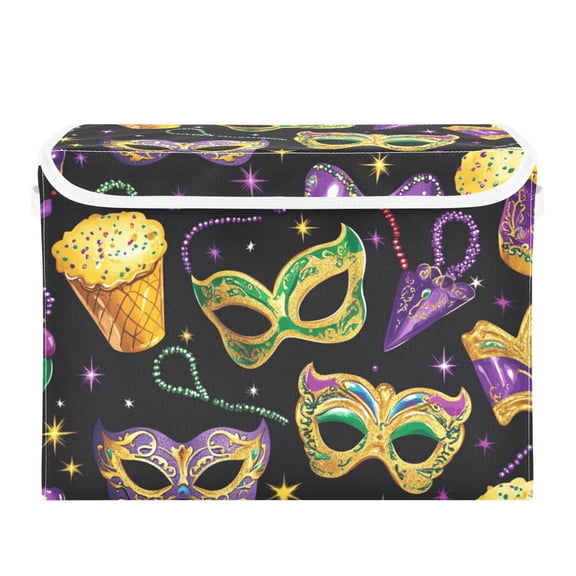 Mardi Gras Mask Large Storage Bins with Linen Collapsible Lid Storage Box 16.7 x 12.6 x 11.8in