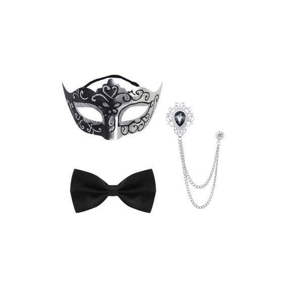 Mardi Gras Mask, Men Masquerade Costume Set, Venetian Half‑Eye Mask With Matching Bow Tie and Hanging Chain Brooch, Complete Dress‑Up Kit for Prom, Carnival, Halloween, Formal Masquerade Ball