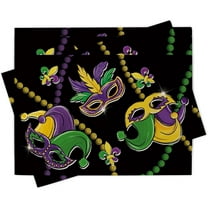 Mardi Gras Mask Placemats Set of 4, Beads Fleur De Lis New Orleans Carnival Dining Place Mats Table Decor, Masquerade Home Kitchen Decoration 12 x 18 Inch