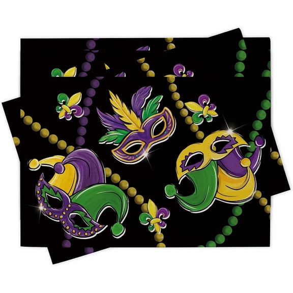 Mardi Gras Mask Placemats Set of 4, Beads Fleur De Lis New Orleans Carnival Dining Place Mats Table Decor, Masquerade Home Kitchen Decoration 12 x 18 Inch