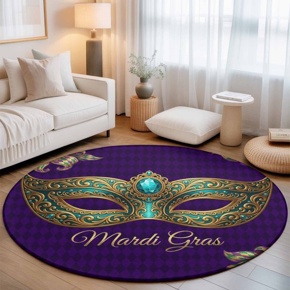 Mardi Gras Mask Purple Plaid Round Rug 5ft Abstract Blossom Floral Washable Area Rugs for Living Room Bedroom Entryway Non Slip Entrance Door Mat Indoor Floor Carpet