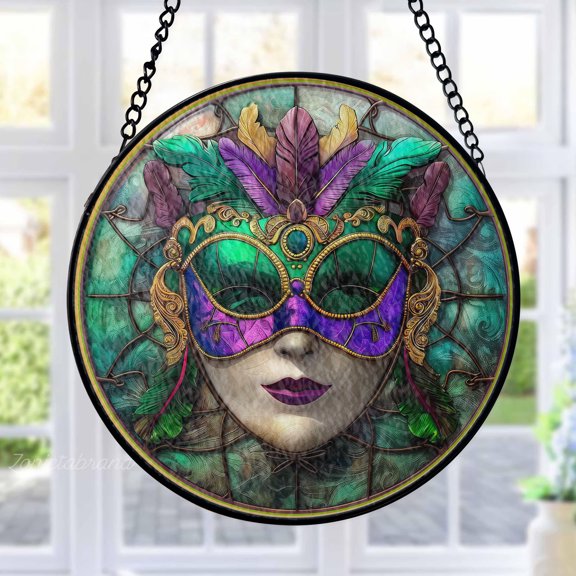 Mardi Gras Mask Stained Glass Suncatcher Metal Outdoor Decor Stained Glass Ornate Green Purple Gold