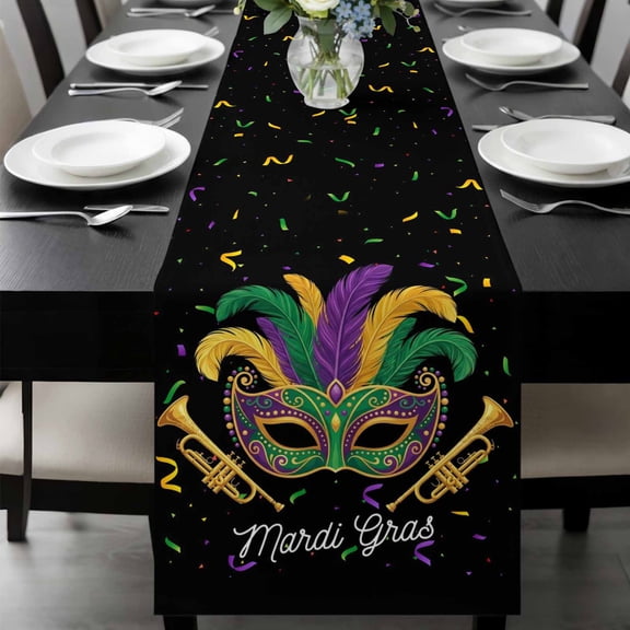Mardi Gras Mask Table Runner, Purple Gold Green Carnival Confetti Black Washable Cotton-linen Table Runners Dining Kitchen Decoration for Everyday Home Wedding Party Decor, 13 x 108 Inch