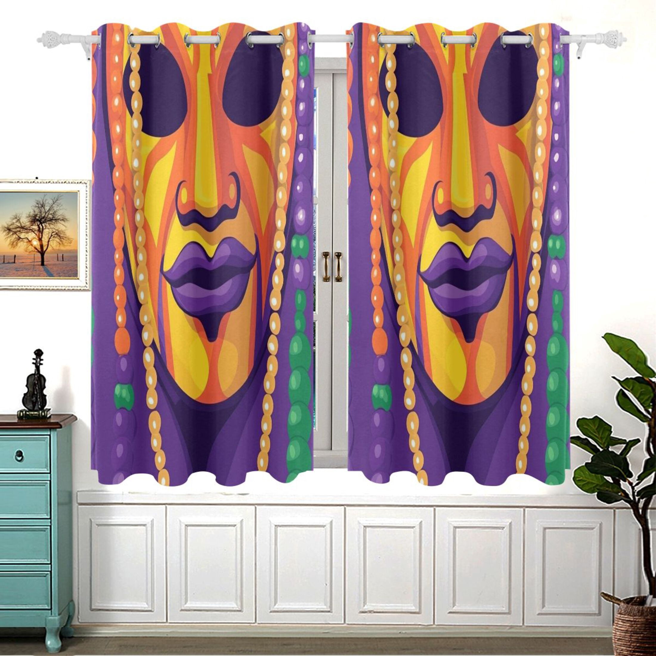 Mardi Gras Mask and Beads Blackout Curtains for Living Room Bedroom 55W x 54L Insulated Window Drapes 2 Panels