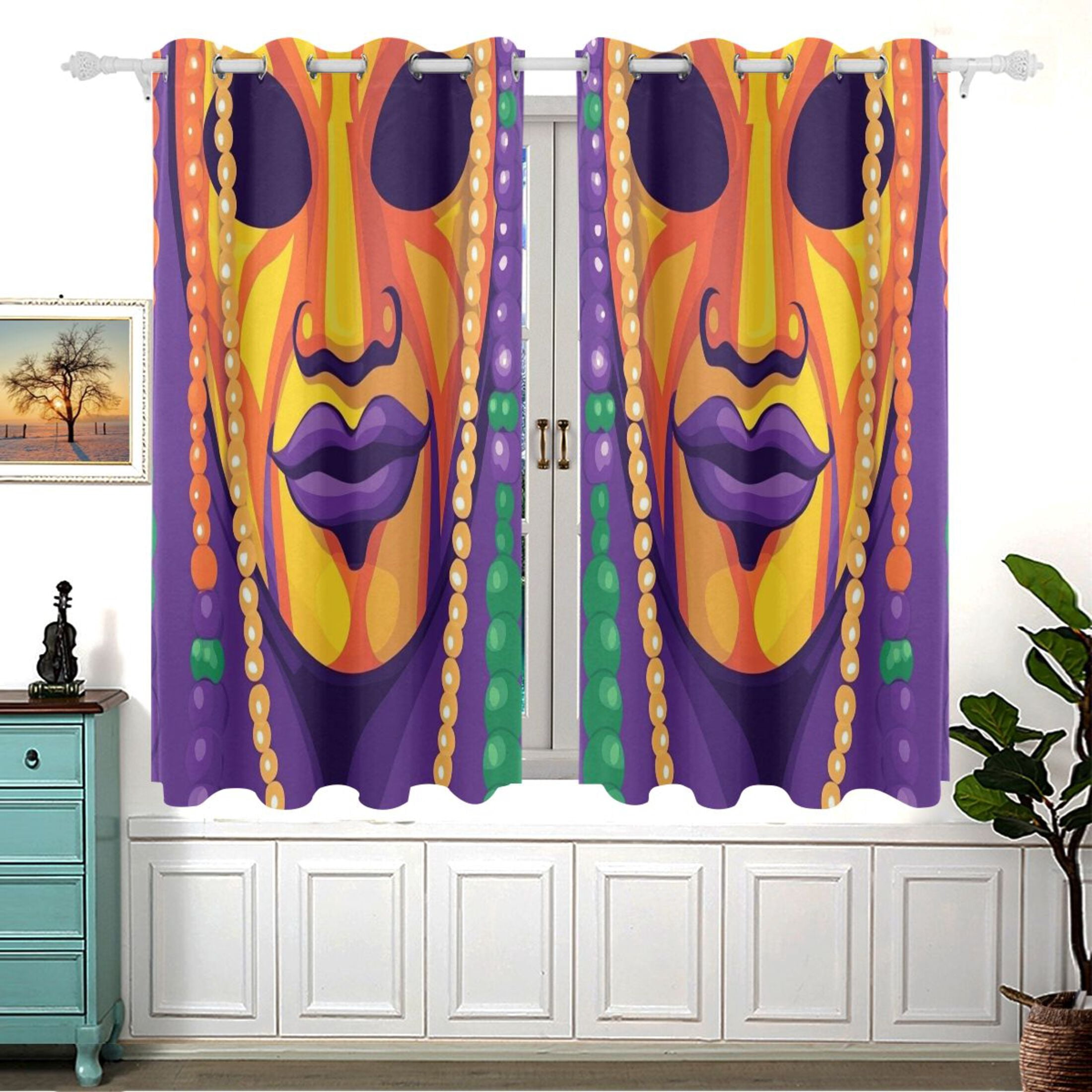 Mardi Gras Mask and Beads Blackout Curtains for Living Room Bedroom 55W x 54L Insulated Window Drapes 2 Panels
