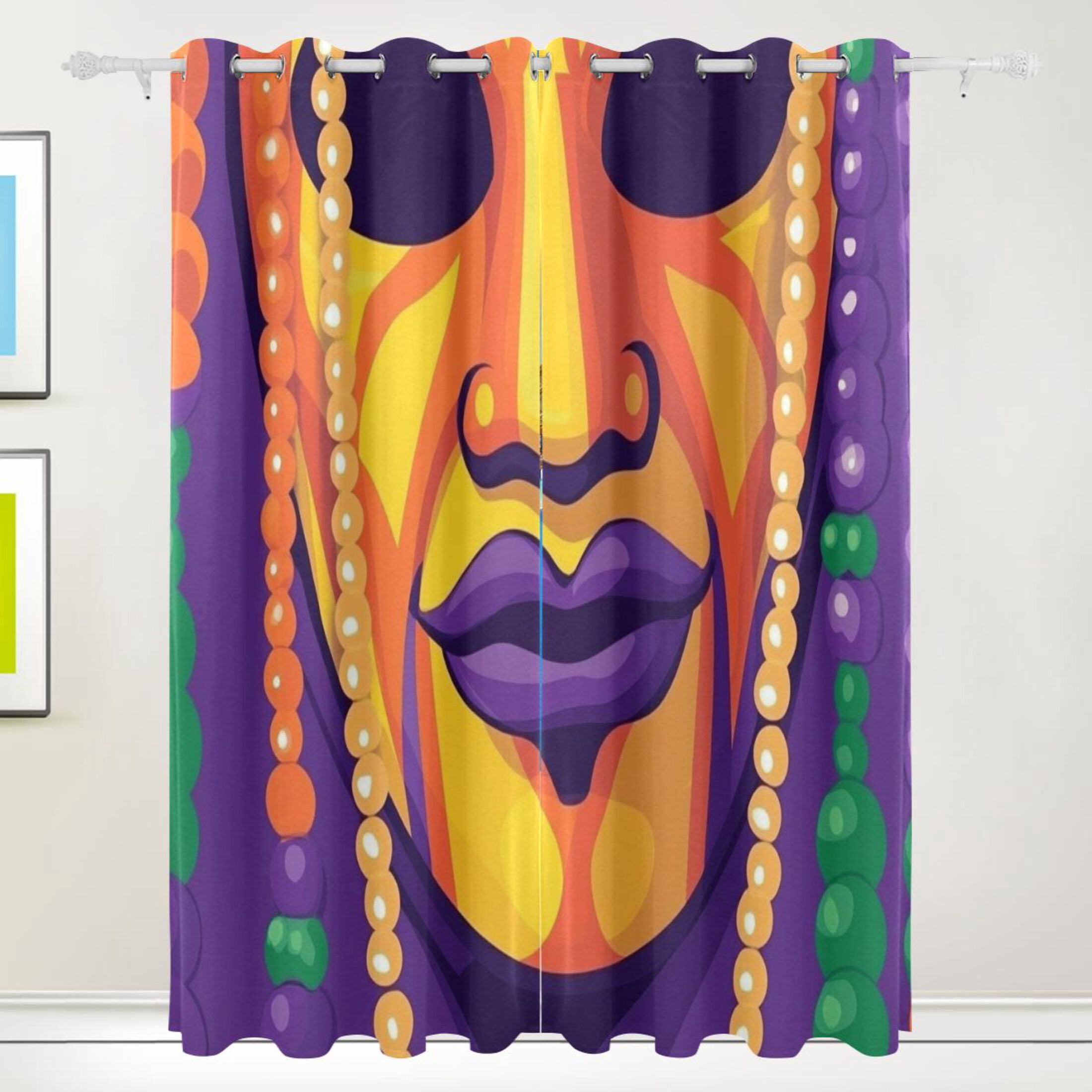 Mardi Gras Mask and Beads Blackout Curtains for Living Room Bedroom 55W x 72/84L Insulated Window Drapes 2 Panels