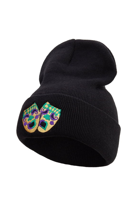 Mardi Gras Masks Logo Embroidered 12 Inch Long Knitted Beanie - Black OSFM
