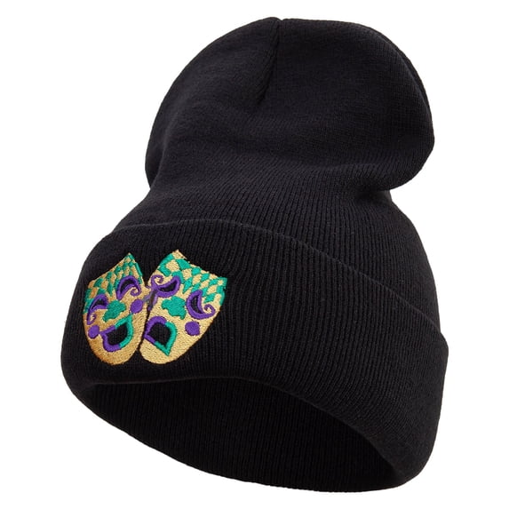 Mardi Gras Masks Logo Embroidered 12 Inch Long Knitted Beanie - Black OSFM