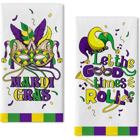 Mardi Gras Masquere Mask Kitchen Dish Towel Set of 2, Let The Good Times Roll Hand Drying Baking Cooking Cloth, New Orleans Carnival Ribbon Party Holiday Decor Home Decoration 18x26 Inch