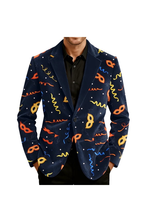 Mardi Gras Men's Blazer Corduroy Mask Print Carnival Party Jacket Two Button Slim Fit Business Office Suit Jacket with Pockets Plus Size Outerwear