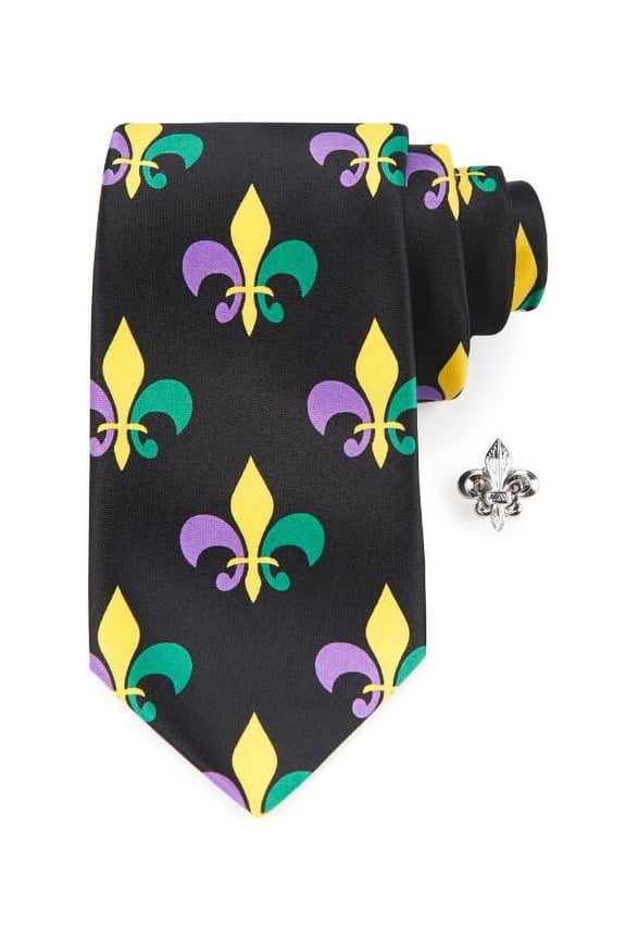 Mardi Gras Men's Fleur De Lis Print Tie & Lapel Pin Set Carnival Fat Tuesday Masquerade Costume Ball Gala