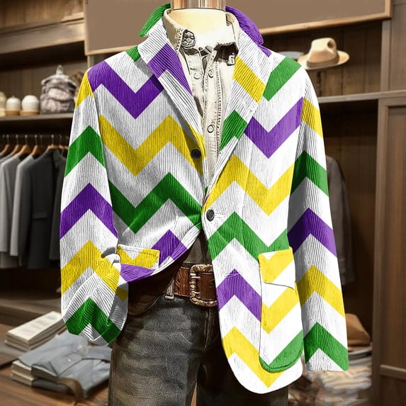 Mardi Gras Mens Blazer Lightweight Corduroy Carnival Themed Color Block Pattern Two Button Parada Party Slim Fit Jacket with Pockets