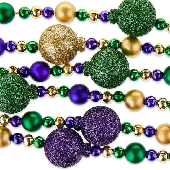 Mardi Gras Multi-Color Shatterproof Ball Garland, 6' Purple Green Gold Glitter Ornament Balls Fat Tuesday Decoration