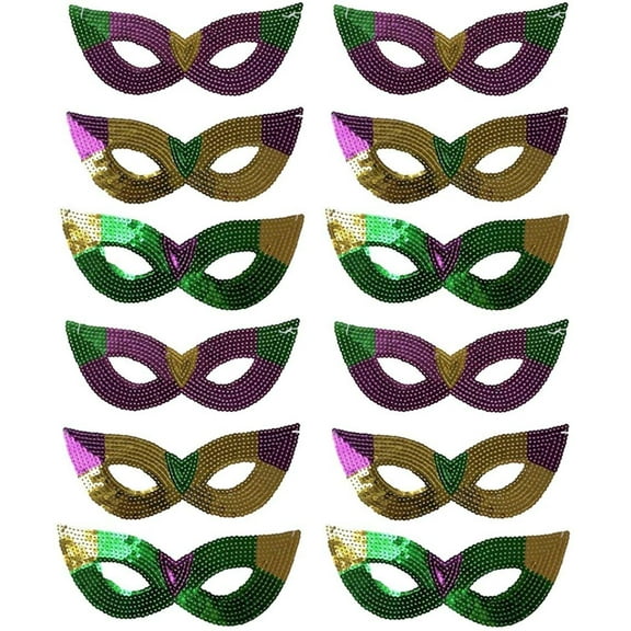 Mardi Gras New Orleans Purple, Green and Gold Sequin Costume Masks - Bulk Supply for Parties, Balls, and Parades - 60 Pieces