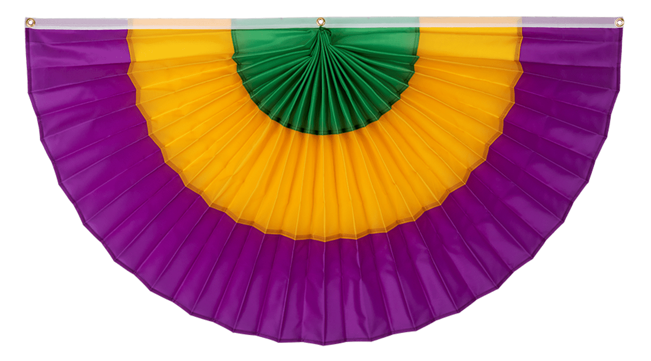 Mardi Gras Nylon Flag Bunting by Old Glory Bunting.  2' x 4' Fully Sewn Purple, Yellow & Green 3 Stripe Fan Flag Bunting Banner. Pleated Fans Made in The USA! Free Shipping Available!