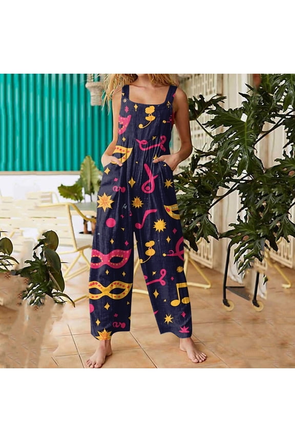 Mardi Gras Onesie for Women Sleeveless Mask Feather Print Outfits Rompers Parada Mardi Overalls Casual Rompers with Pockets