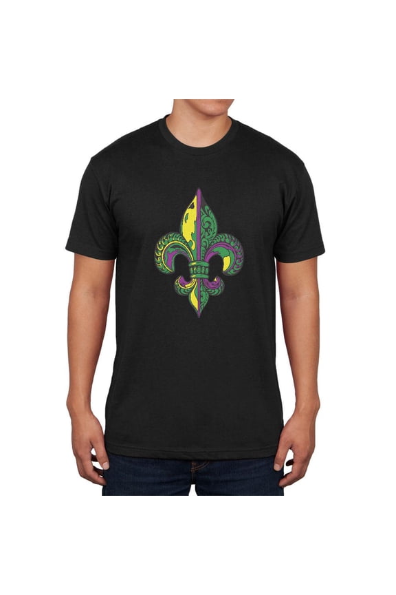 Mardi Gras Ornate Colorful Fleur-de-Lis Black Soft Adult T-Shirt - Large