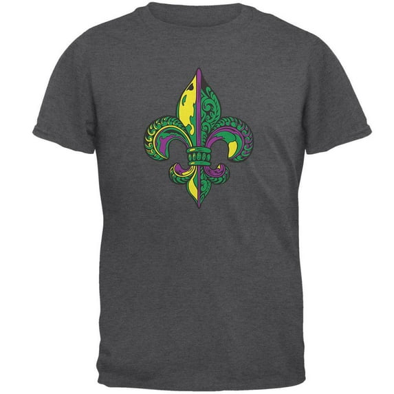 Mardi Gras Ornate Colorful Fleur-de-Lis Dark Heather Adult T-Shirt - Large