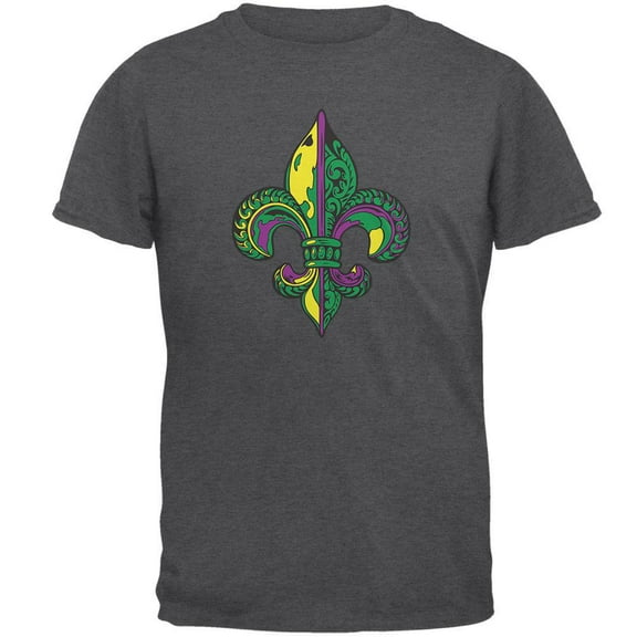 Mardi Gras Ornate Colorful Fleur-de-Lis Dark Heather Adult T-Shirt - Medium