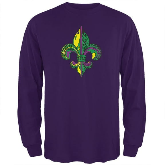 Mardi Gras Ornate Colorful Fleur-de-Lis Mens Long Sleeve T Shirt Purple LG