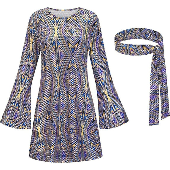 Mardi Gras Outfit Ladies Carnival 70S Hippie Disco Dress Headscarf Two Piece Set Casual Vacation Clothes For Holiday Festival Purple L