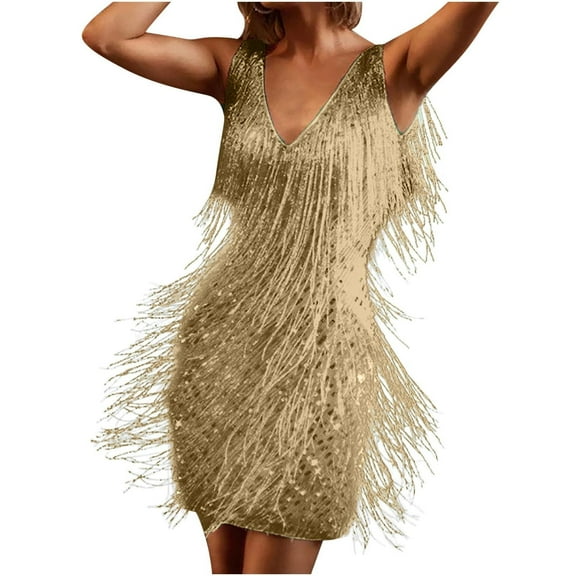 Mardi Gras Outfit Women'S Dress Skirt Deep V Neck Dress Sleeveless Pencil Skirt Fringed Midi Skirt Casual Solid Elegant Party Dress Gold L