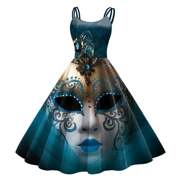 Mardi Gras Outfit Women Sleeveless Knee Length Retro A Line Flared Swing Formal Prom Party Dress Blue M