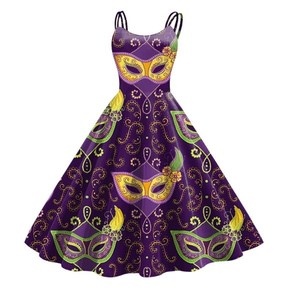 Mardi Gras Outfit Women Sleeveless Knee Length Retro A Line Flared Swing Formal Prom Party Dress Watermelon Red XL