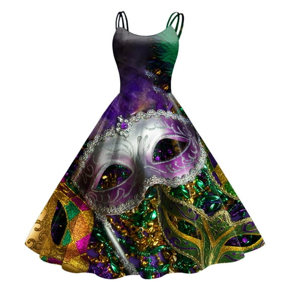 Mardi Gras Outfit Women Sleeveless Knee Length Retro A Line Flared Swing Formal Prom Party Dress XL