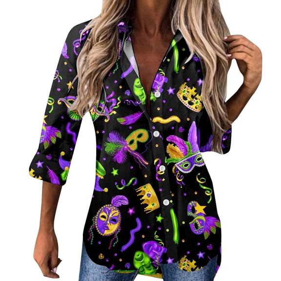 Mardi Gras Outfit Womens Sequin Print Tops V Neck Sparkly Glitter Blouses Loose Long Sleeve Holiday Evening Party Shiny Shirts Black L
