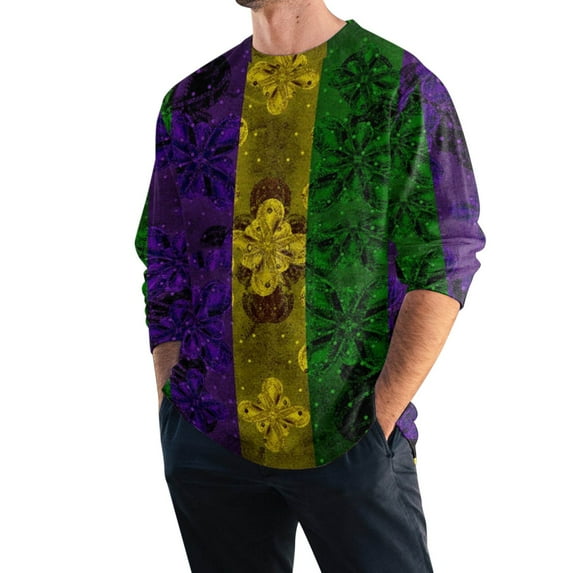 Mardi Gras Outfits Male Spring And Summer Round Neck Carnival Long Sleeve Lapel Full Print Holiday Celebration T Shirt XXL