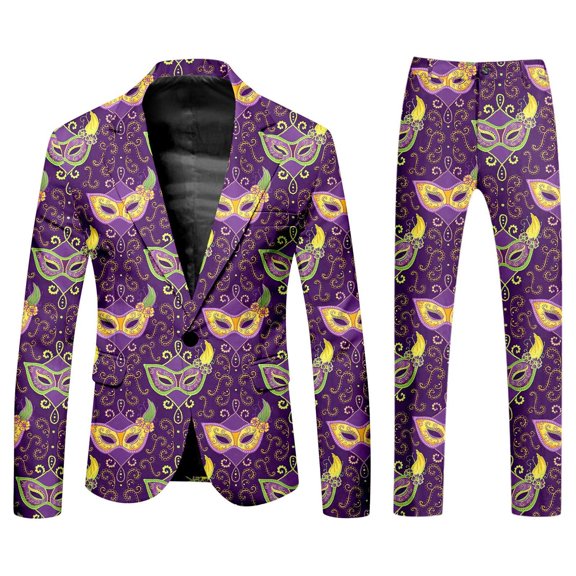 AOMPMSDX Mardi Gras Men's Suits Mens Purple And Gold Carnival Suit All Print And Pants Two Piece Set Carnival Holiday Festival Wearing Party