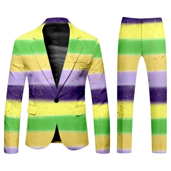 Mardi Gras Outfits Mens Purple And Gold Carnival Suit All Print And Pants Two Piece Set Casual Vacation Clothes For Holiday Carnival Festival Outfit Yellow XL