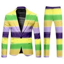Mardi Gras Outfits Mens Purple And Gold Carnival Suit All Print And Pants Two Piece Set Casual Vacation Clothes For Holiday Carnival Festival Outfit Yellow XL