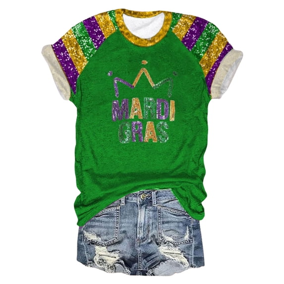 Mardi Gras Outfits Women Casual Fashion Round Neck Short Sleeve Color Printed T Shirt Top Green S