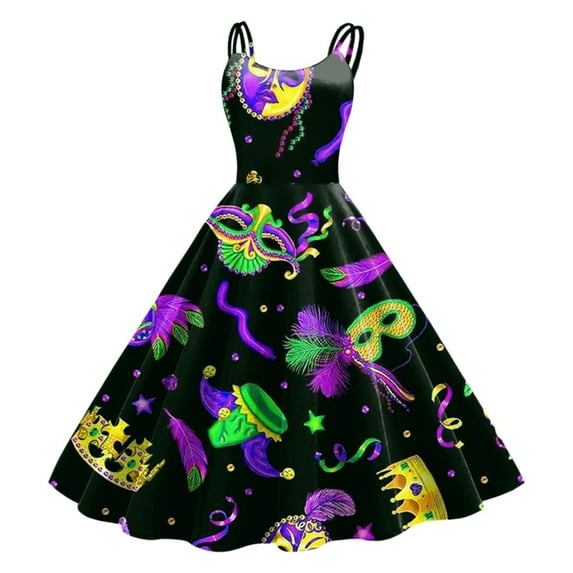 Mardi Gras Outfits Women Christmas Sleeveless Knee Length Retro A Line Flared Swing Formal Prom Party Dress Black XXL