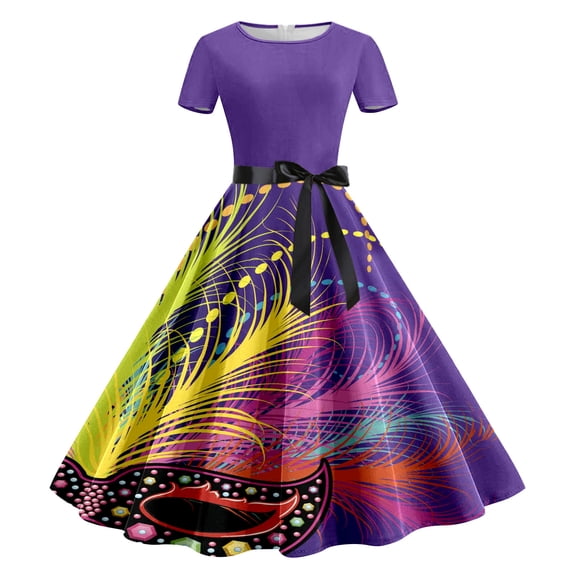 Mardi Gras Outfits Women Print Short Sleeve 1950S Evening Party Prom Dress Casual Vacation Clothes For Holiday Mardi Gras Festival Outfit Purple M
