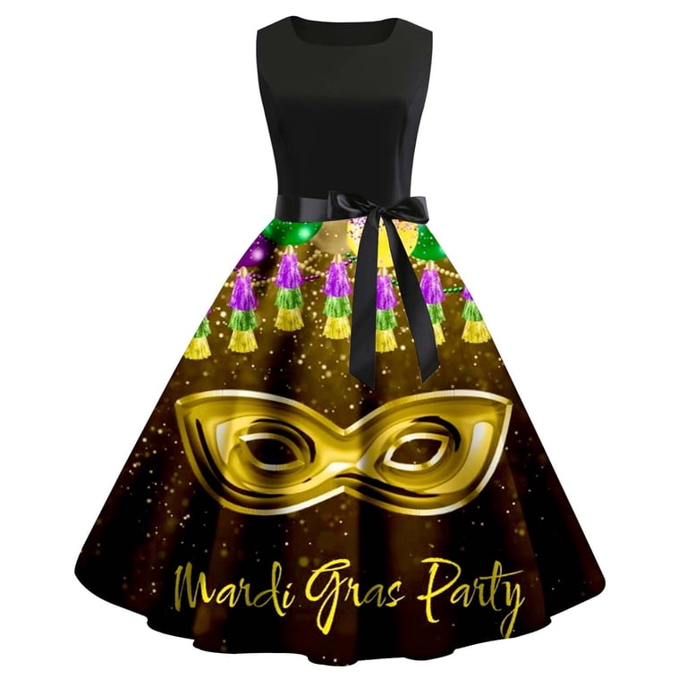 Mardi Gras Outfits Women'S Long Sleeved Crewneck Carnival Print Party Casual Swing Dress Yellow S