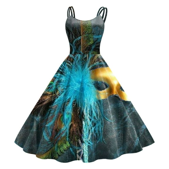 Mardi Gras Outfits Women Sleeveless Knee Length Retro A Line Flared Swing Formal Prom Party Dress Blue S