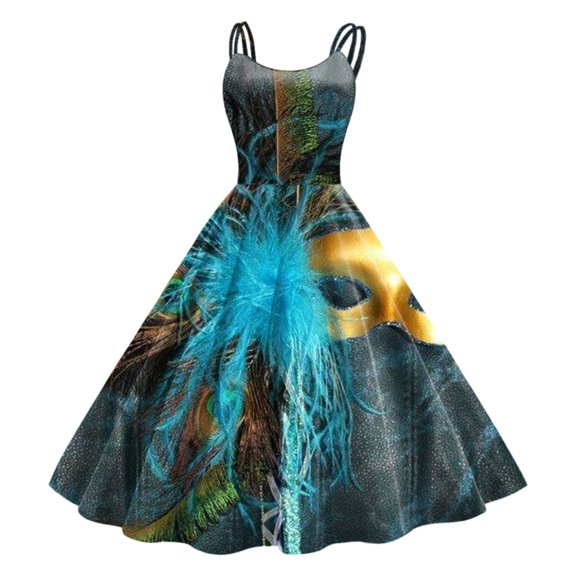 Mardi Gras Outfits Women Sleeveless Knee Length Retro A Line Flared Swing Formal Prom Party Dress Blue XXL